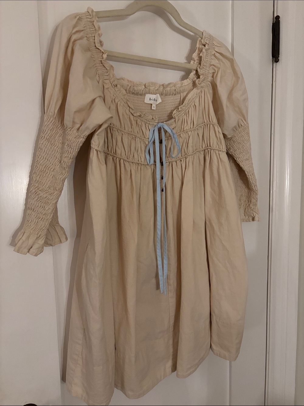 Böhme Cream Smocked Dress with Light Blue Tie